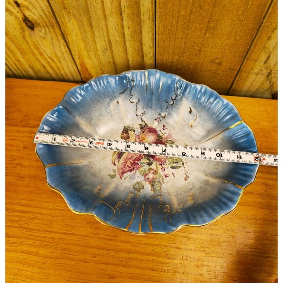 Vintage 12 Inch Porcelain Hand-Painted Fruit Bowl With Blue & Gold Detailing - Picture 3 of 6